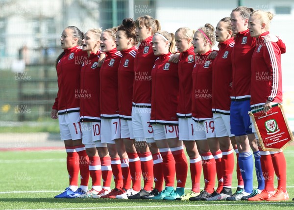 070417 - Wales Women v Northern Ireland Women, International Friendly  - The Welsh team line up for the anthems at the start of the match