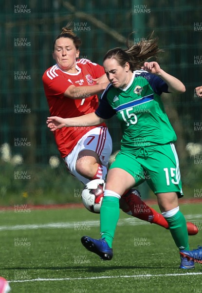 070417 - Wales Women v Northern Ireland Women, International Friendly  - Rachel Rowe of Wales and Samantha Kelly of Northern Ireland compete for the ball