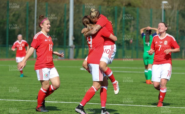 070417 - Wales Women v Northern Ireland Women, International Friendly  - Kayleigh Green of Wales celebrates with Jessica Fishlock after scoring goal