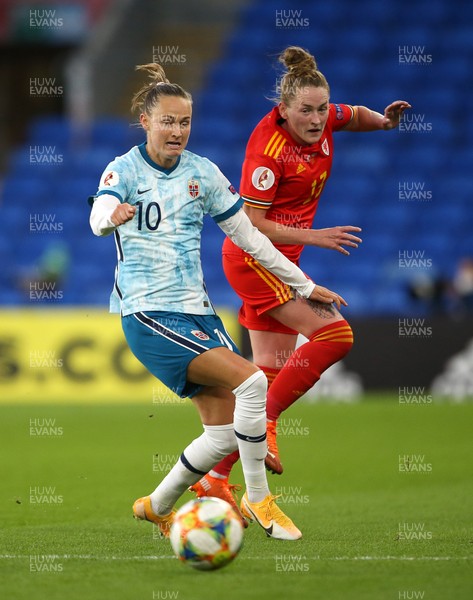 271020 - Wales Women v Norway Women - European Championship Qualifier - Rachel Rowe of Wales is tackled by Caroline Graham Hansen of Norway