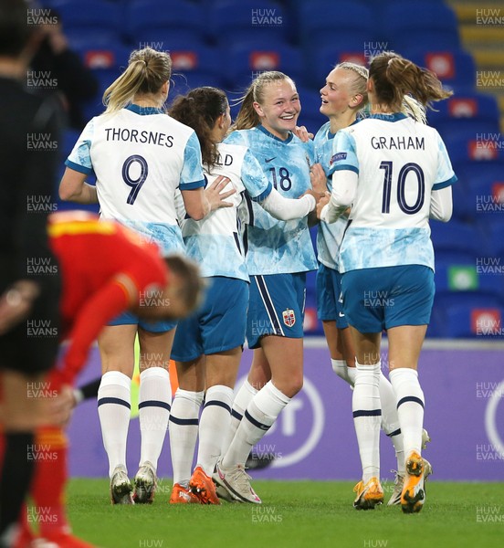 271020 - Wales Women v Norway Women - European Championship Qualifier - Frida Maanum of Norway celebrates scoring a goal with team mates