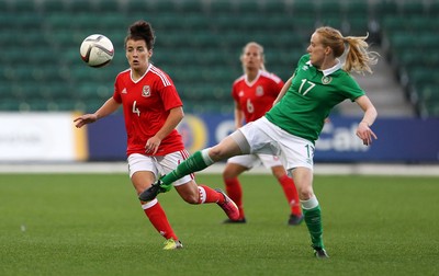 190816 - Wales Women v Republic of Ireland, Friendly Challenge - Meath Deburca of Ireland is challenged by Angharad James of Wales