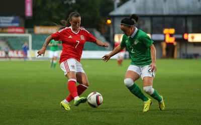 190816 - Wales Women v Republic of Ireland, Friendly Challenge - Natasha Harding of Wales is tackled by Sophie Perry of Ireland