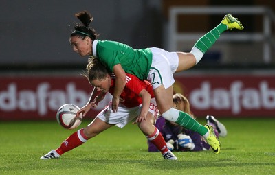 190816 - Wales Women v Republic of Ireland, Friendly Challenge - Rachel Rowe of Wales is forcefully taken down in the box by Sophie Perry of Ireland