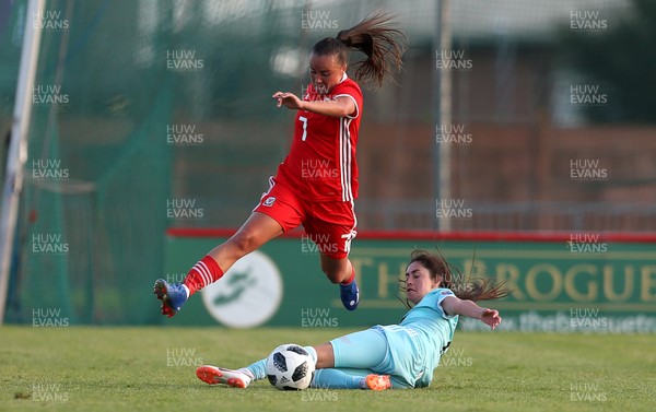 120618 - Wales Women v Russia Women - FIFA Women's World Cup Qualifying Round - Natasha Harding of Wales is challenged by Lipa Yakupova of Russia