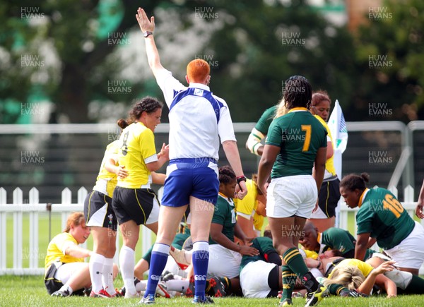 Huw Evans Agency 2010 - The referee signals a push over try for Wales' Rhian Bowden -  Wales v South Africa  - Women's  Rugby World Cup - (9th Place Play-Off)Surrey Sports Park - 05/09/2010 - All rights reserved