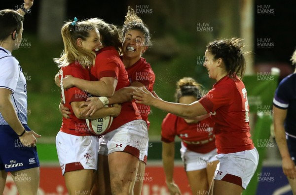 020218 - Wales Women v Scotland Women - Natwest 6 Nations - Kerin Lake of Wales celebrates scoring a try with team mates