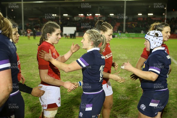 020218 - Wales Women v Scotland Women - Natwest 6 Nations - Wales and Scotland players shake hands