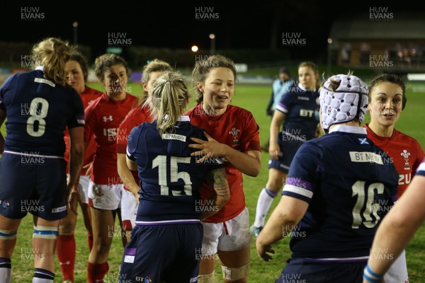 020218 - Wales Women v Scotland Women - Natwest 6 Nations - Alisha Butchers of Wales shakes hands with Chloe Rollie of Scotland