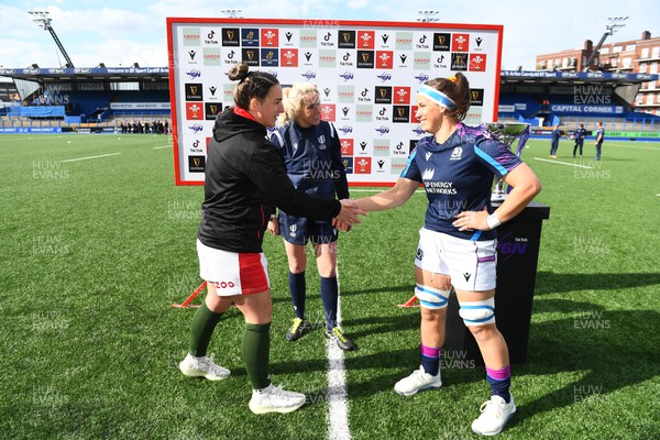 020422 - Wales Women v Scotland Women - TikTok Women’s Six Nations - Siwan Lillicrap of Wales, Referee Joy Neville and Rachel Malcolm of Scotland during the coin toss