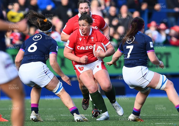 020422 - Wales Women v Scotland Women - TikTok Women’s Six Nations - Siwan Lillicrap of Wales is tackled by Rachel Malcolm of Scotland