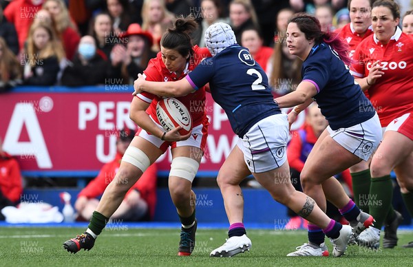 020422 - Wales Women v Scotland Women - TikTok Women’s Six Nations - Sioned Harries of Wales is tackled by Lana Skeldon of Scotland