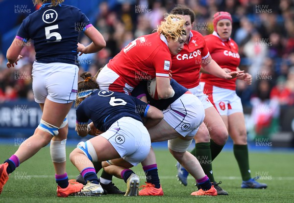 020422 - Wales Women v Scotland Women - TikTok Women’s Six Nations - Gwen Crabb of Wales is tackled by Rachel Malcolm of Scotland