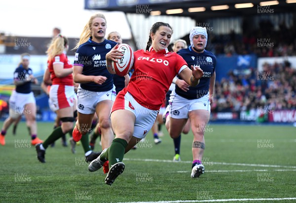 020422 - Wales Women v Scotland Women - TikTok Women’s Six Nations - Ffion Lewis of Wales scores try