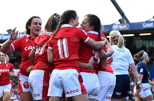 020422 - Wales Women v Scotland Women - TikTok Women’s Six Nations - Ffion Lewis of Wales celebrates scoring try with team mates