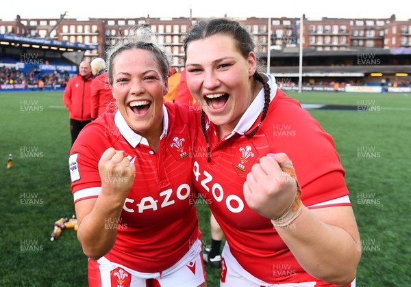 020422 - Wales Women v Scotland Women - TikTok Women’s Six Nations - Kelsey Jones and Gwenllian Pyrs of Wales at the end of the game