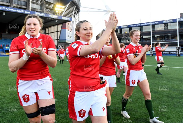 020422 - Wales Women v Scotland Women - TikTok Women’s Six Nations - Gwen Crabb, Elinor Snowsill and Lisa Neumann of Wales at the end of the game