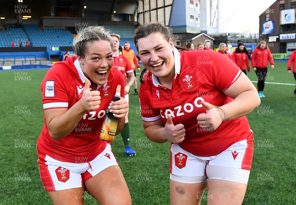 020422 - Wales Women v Scotland Women - TikTok Women’s Six Nations - Kelsey Jones and Gwenllian Pyrs of Wales at the end of the game