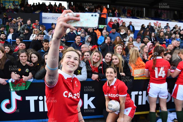020422 - Wales Women v Scotland Women - TikTok Women’s Six Nations - Keira Bevan and Kerin Lake of Wales with supporters at the end of the game