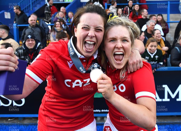 020422 - Wales Women v Scotland Women - TikTok Women’s Six Nations - Sioned Harries and Alex Callender of Wales celebrate at the end of the game