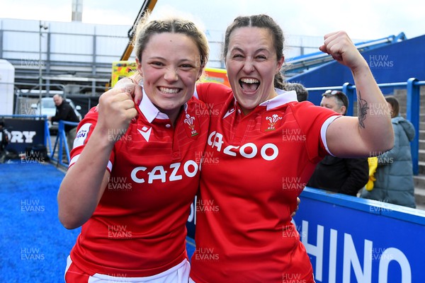 020422 - Wales Women v Scotland Women - TikTok Women’s Six Nations - Alisha Butchers and Ffion Lewis of Wales celebrate at the end of the game