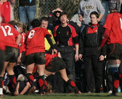 02.02.08 The Women's 6 Nations. Wales vs. Scotland. Taffs Well RFC, Cardiff, Wales. 
 
Attached coach Liza Burgees shouts instructions from the technical area. 
 
