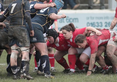 120212 Wales v Scotland - Womens 6 Nations rugby -  Wales' Megan York(L-R), Lowri Harries and Jenny Davies prepare to scrummage