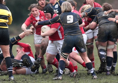 120212 Wales v Scotland - Womens 6 Nations rugby -  Wales' Megan York takes the hit from Scotland's Louise Dalgliesh  