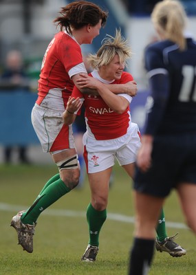 14.02.10 - Wales Women v Scotland Women- Womens Six Nations 2010 - Mared Evans of Wales celebrates her try with Rachel Taylor(L). 