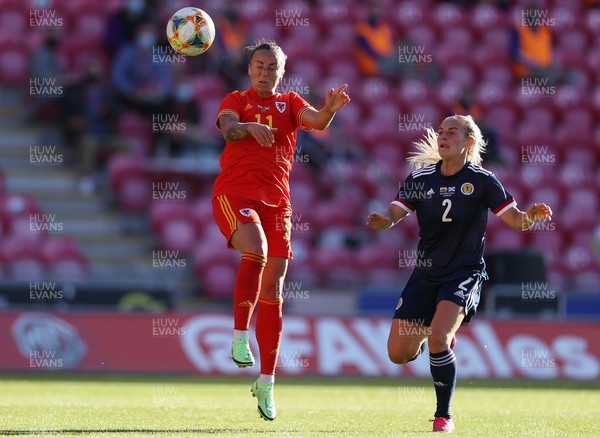 150621 - Wales Women v Scotland Women - International Friendly - Natasha Harding of Wales gets a head to the ball
