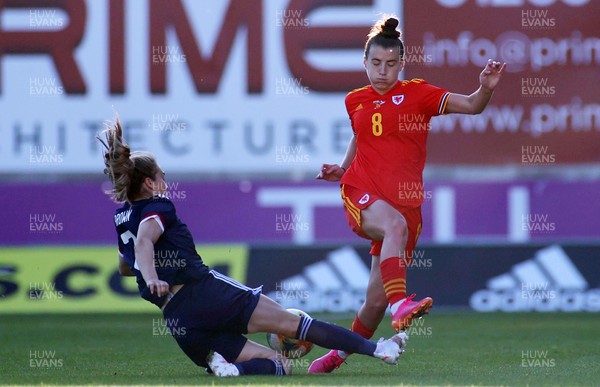 150621 - Wales Women v Scotland Women - International Friendly - Angharad James of Wales is challenged by Fiona Brown of Scotland