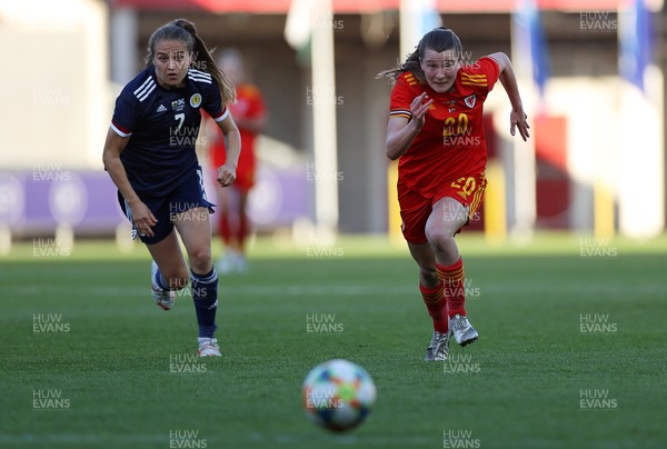 150621 - Wales Women v Scotland Women - International Friendly - Fiona Brown of Scotland and Carrie Jones of Wales go for the ball