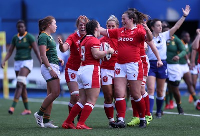 131121 - Wales Women v South Africa Women - Autumn Internationals - Ffion Lewis of Wales celebrates scoring a try with team mates