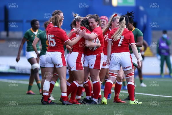 131121 - Wales Women v South Africa Women - Autumn Internationals - Ffion Lewis of Wales celebrates scoring a try with team mates