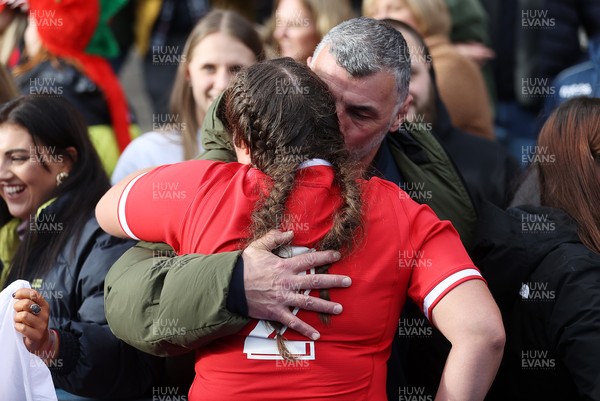 131121 - Wales Women v South Africa Women - Autumn Internationals - Carys Phillips of Wales is hugged by her father Rowland Phillips