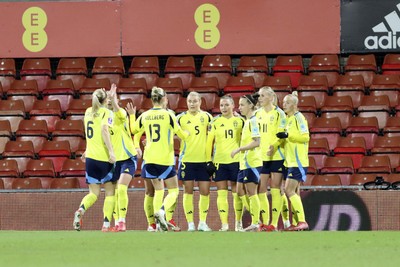 250225 - Wales v Sweden - UEFA Women's Nations League - Sweden celebrate scoring the first goal