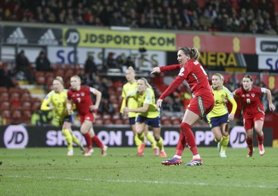 250225 - Wales v Sweden - UEFA Women's Nations League - Kayleigh Barton of Wales scores a penalty to equalise