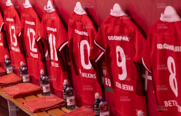 300923 - Wales Women v USA Women, International Test Match - Match shirts hang in the Wales changing room ahead of the team arrival