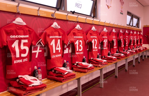 300923 - Wales Women v USA Women, International Test Match - Match shirts hang in the Wales changing room ahead of the team arrival