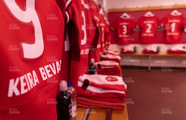 300923 - Wales Women v USA Women, International Test Match - Match shirts hang in the Wales changing room ahead of the team arrival