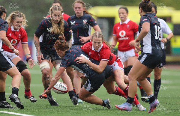 300923 - Wales Women v USA Women, International Test Match - Carys Cox of Wales puts Carly Waters of USA under pressure