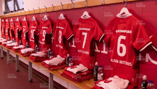 300923 - Wales Women v USA Women, International Test Match - Match shirts hang in the Wales changing room ahead of the team arrival