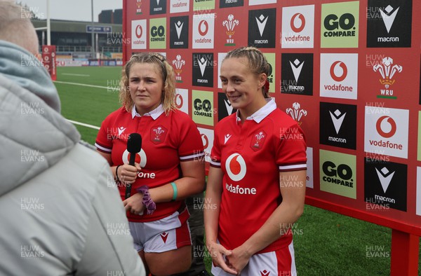 300923 - Wales Women v USA Women, International Test Match - Alex Callender of Wales and Hannah Jones of Wales take part in media interviews at the end of the match