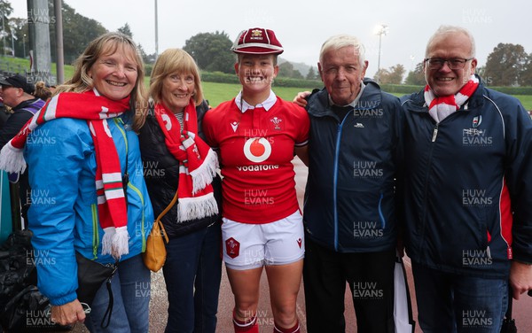 300923 - Wales Women v USA Women, International Test Match - Carys Cox of Wales with family and friends at the end of the match