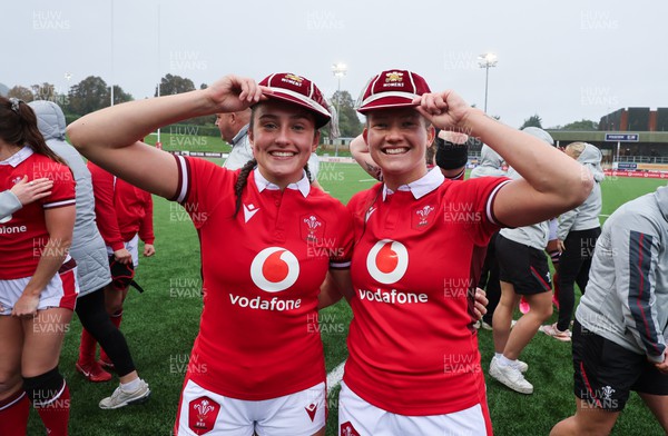 300923 - Wales Women v USA Women, International Test Match - Nel Metcalfe of Wales and Carys Cox of Wales are presented with her first caps at the end of the match