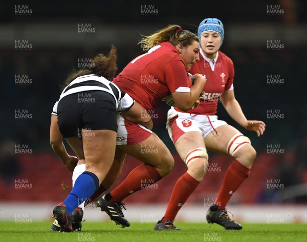 301119 - Wales Women v Barbarians Women - International Rugby - Gwenllian Pyrs of Wales is tackled by Steph Te Ohaere-Fox of Barbarians