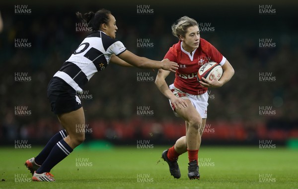 301119 - Wales Women v Women Barbarians - Paige Randall of Wales is challenged by Ruahaei Demant of Barbarians