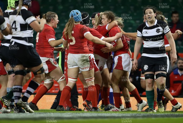 301119 - Wales Women v Women Barbarians - Lisa Neumann of Wales celebrates scoring a try with team mates