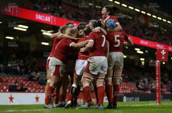 301119 - Wales Women v Women Barbarians - Keira Bevan of Wales celebrates scoring a try with team mates