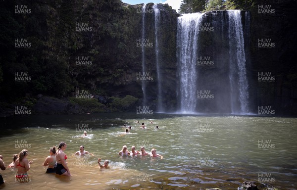 201022 - Wales Women Waterfall Recovery Session - Members of the Wales Women’s Rugby team enjoy a recovery session at waterfalls near Whangarei after training ahead of their Women’s Rugby World Cup match against Australia